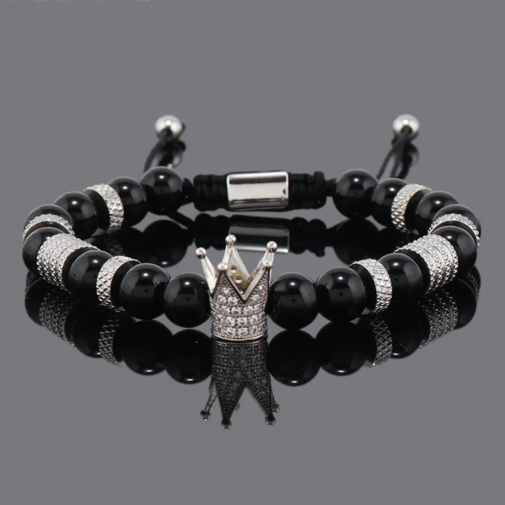 Brățară bărbătească cu mărgele negre și coroană argintie - imagine 4