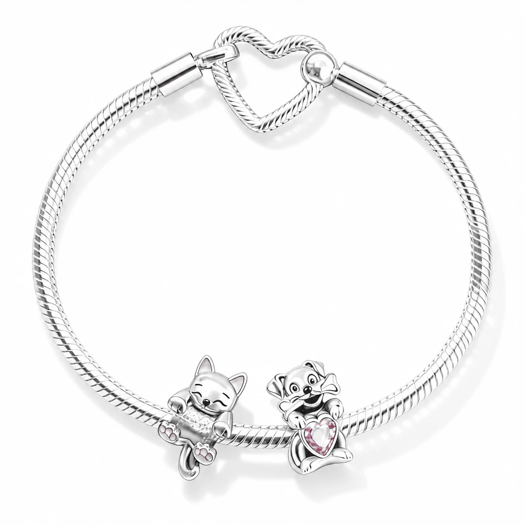 Brățară cu Charmuri Pisică și Cățel cu Inimă Roz, Love Pets Collection