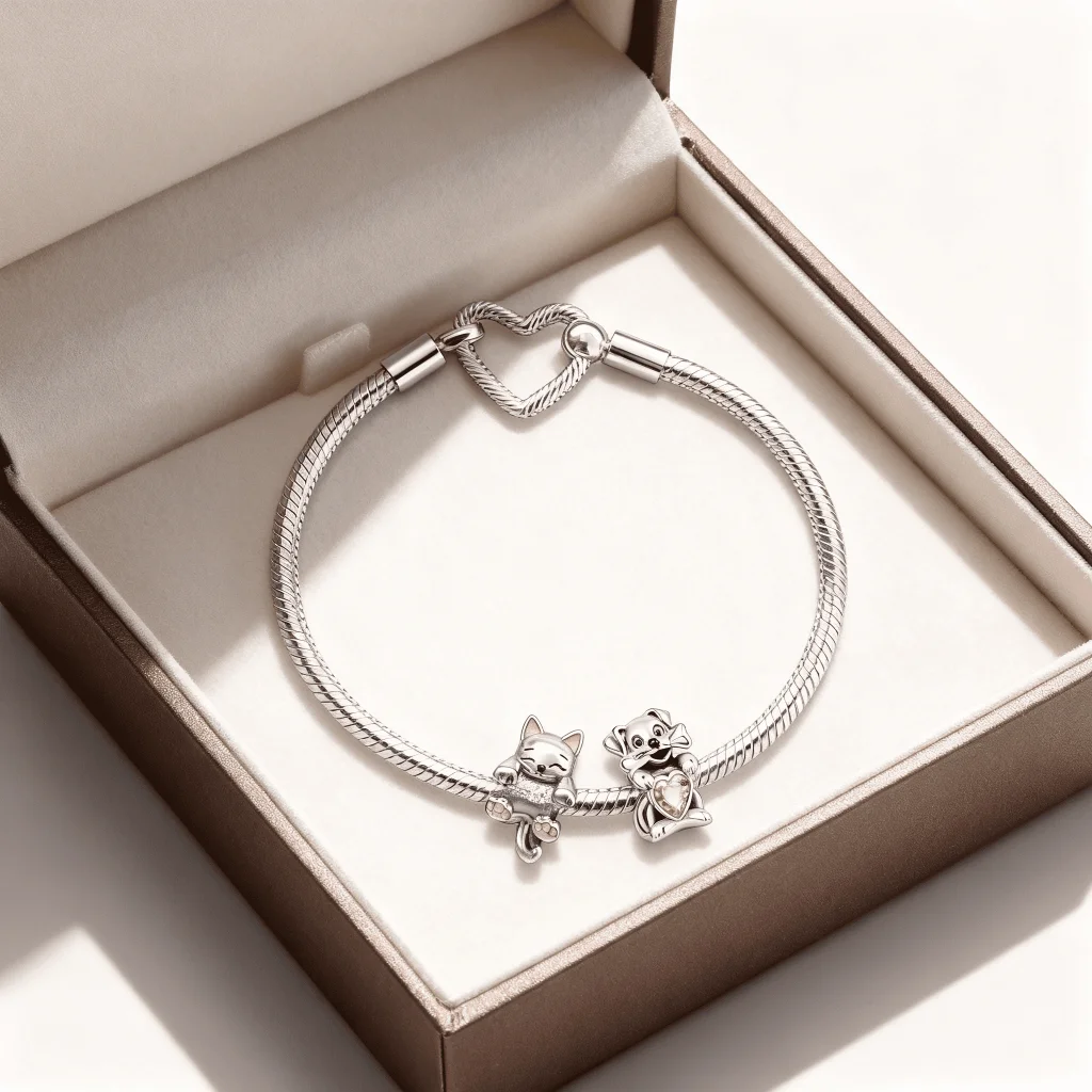 Brățară cu Charmuri Pisică și Cățel cu Inimă Roz, Love Pets Collection - imagine 2