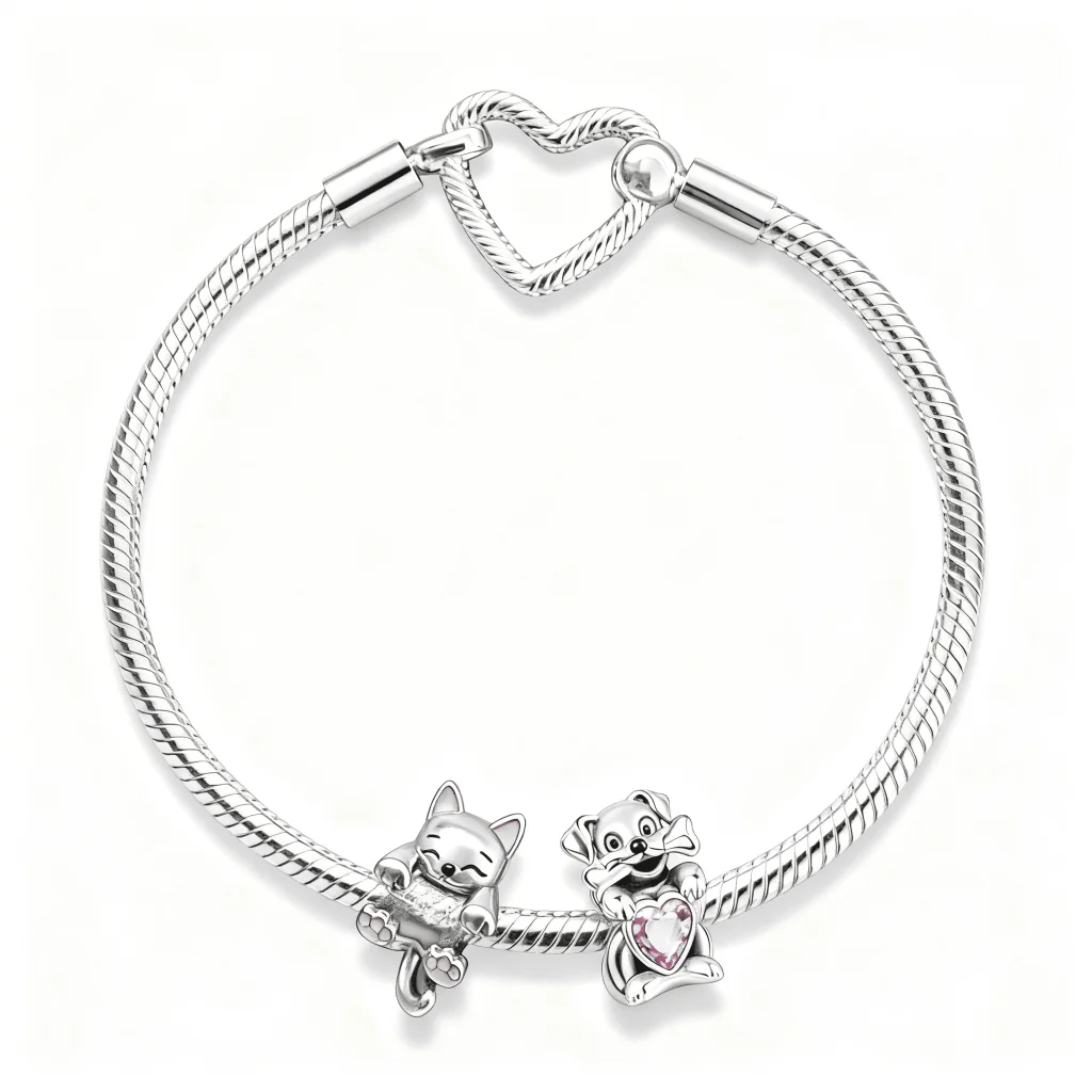 Brățară cu Charmuri Pisică și Cățel cu Inimă Roz, Love Pets Collection - imagine 3