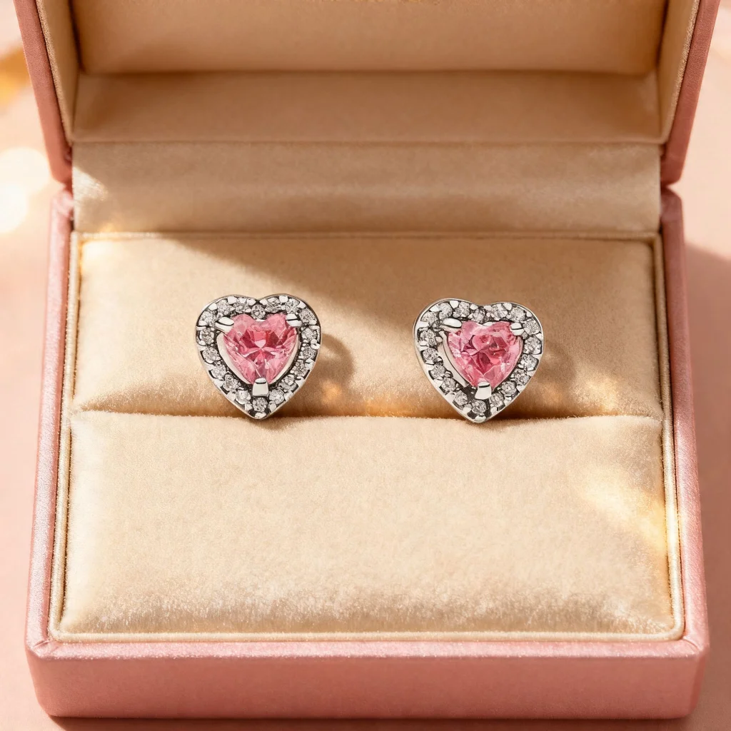 Cercei Pink Crystal Heart - imagine 3