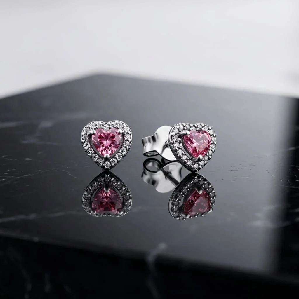 Cercei Pink Crystal Heart - imagine 2