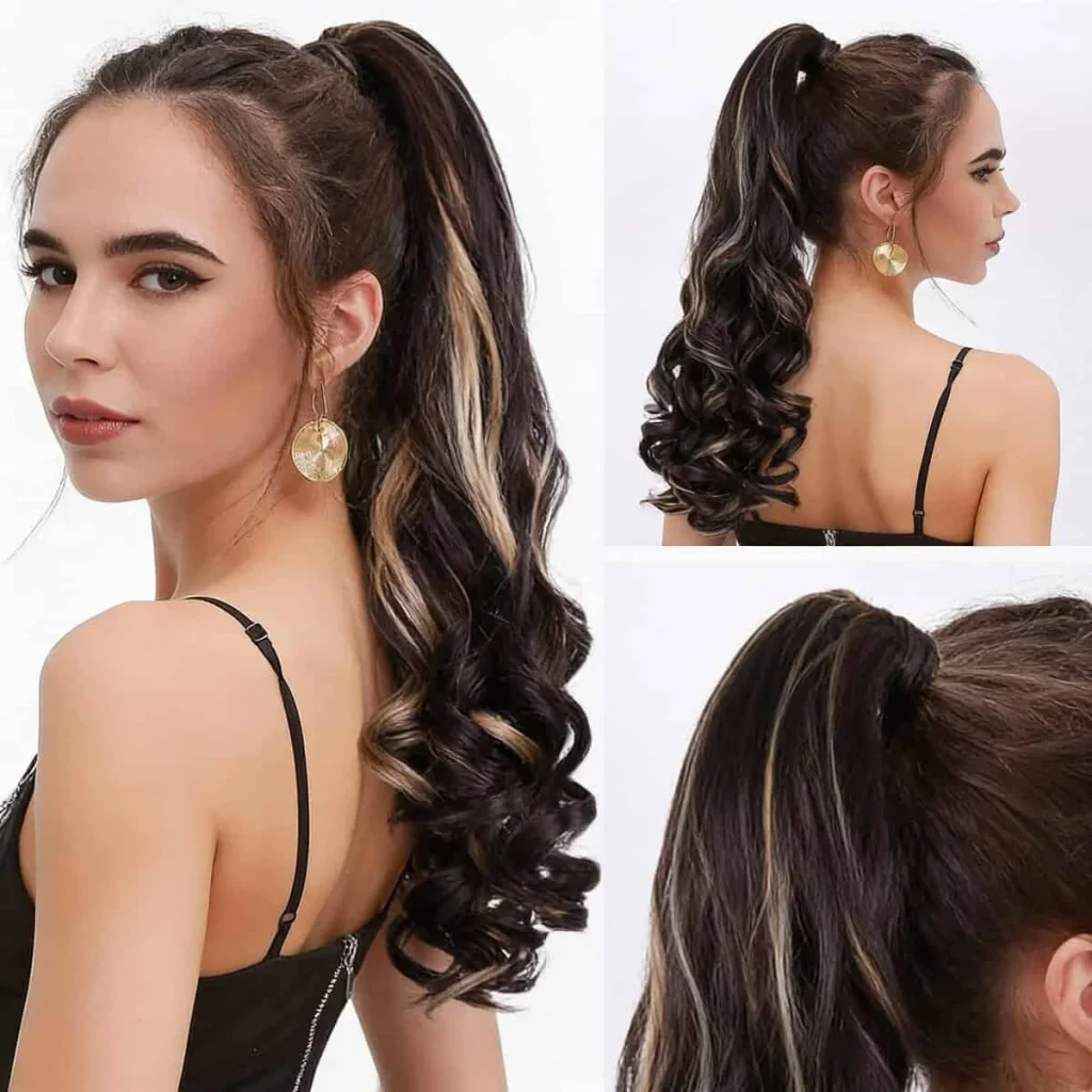 Extensie coada de cal, combinatie negru cu suvite blonde