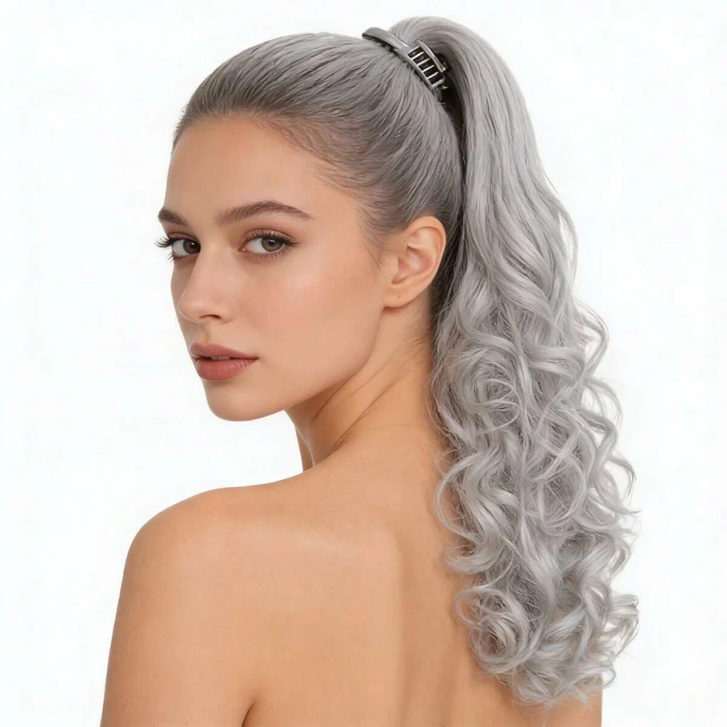 Extensie coadă de cal wavy cu clamă, 50 cm, gri - imagine 2