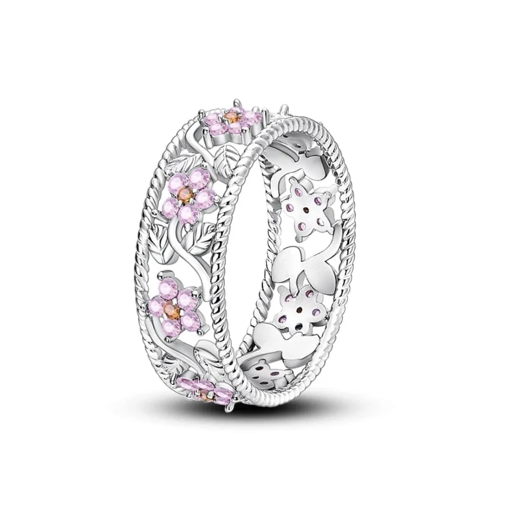 Inel floral delicat cu pietre roz
