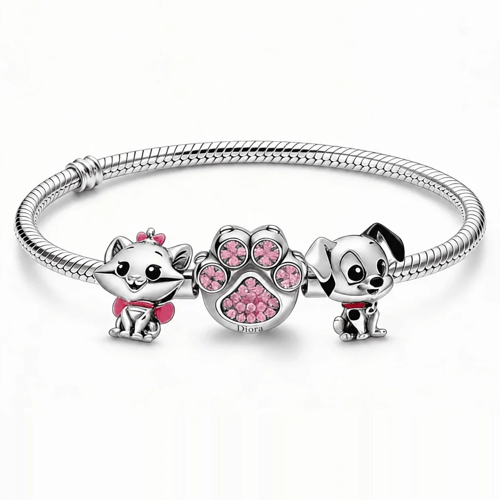Set Brățară cu 2 Charmuri Cute Pets cu Lăbuță Strălucitoare