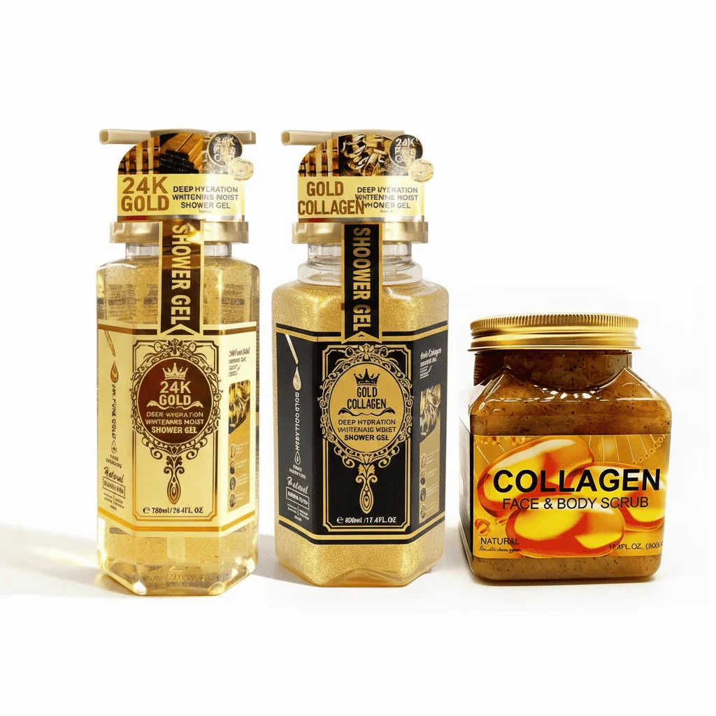 Set Gel de Duș cu Colagen și Aur 24K, Gel de dus 24K Gold și Scrub de corp cu colagen