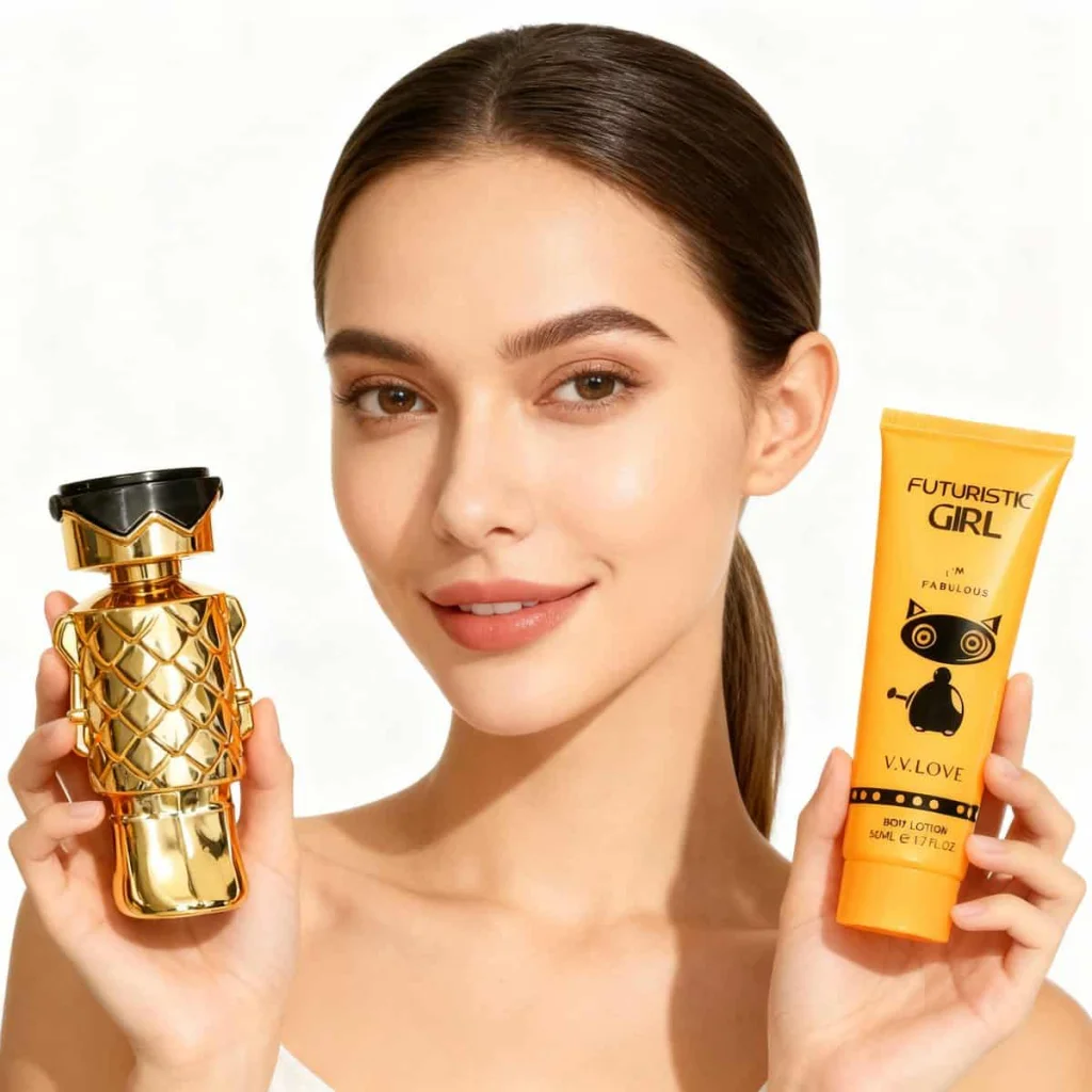 Set Parfum și Loțiune, Futuristic Girl Gold, 2 piese - imagine 3