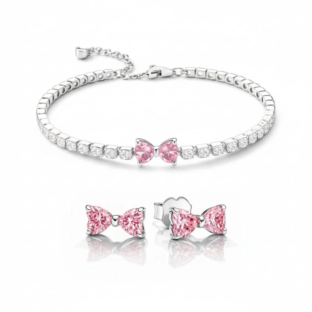 Set bijuterii Cercei și Brățară, Pink Bow