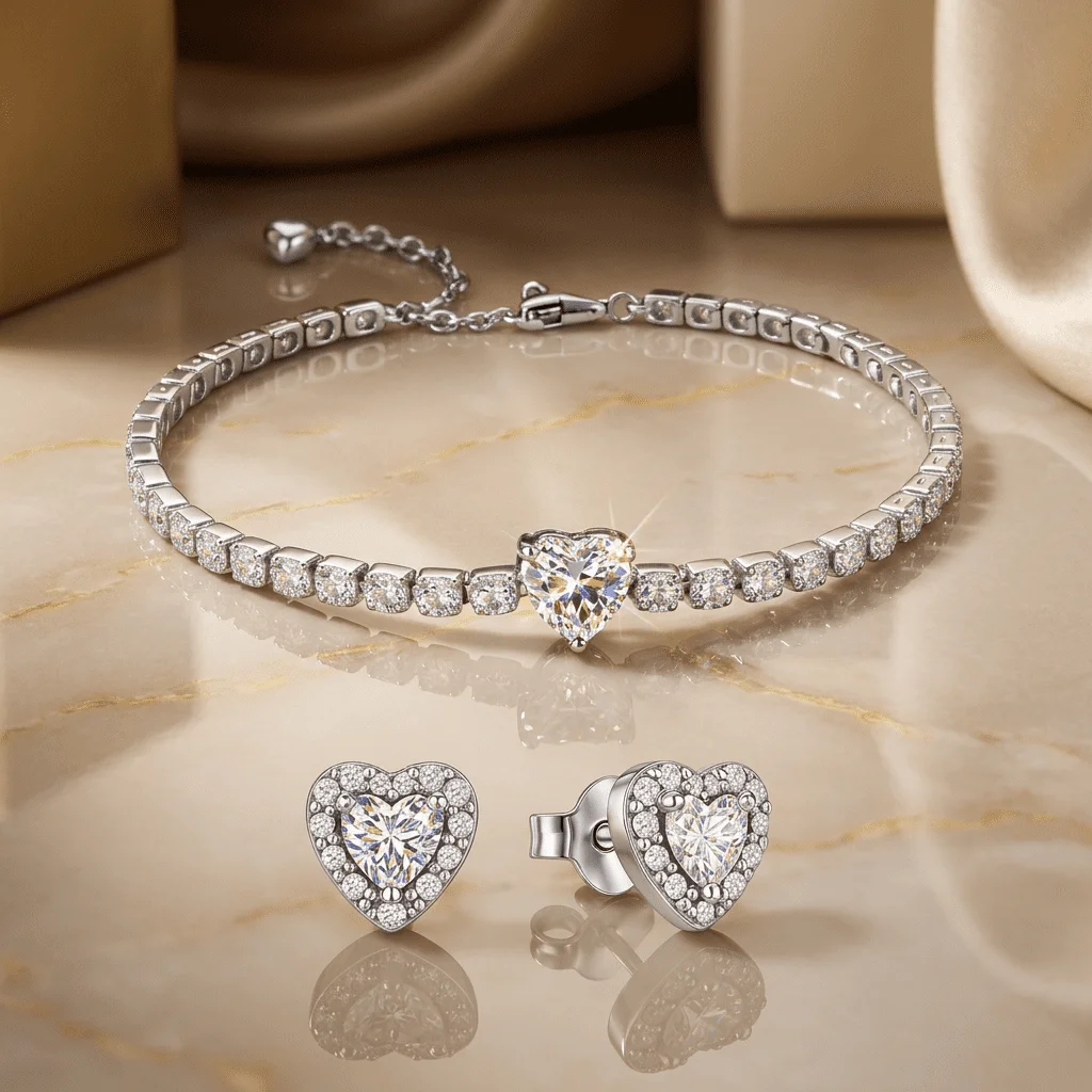 Set bijuterii, Cercei și Brățară, White Crystal Heart - imagine 3