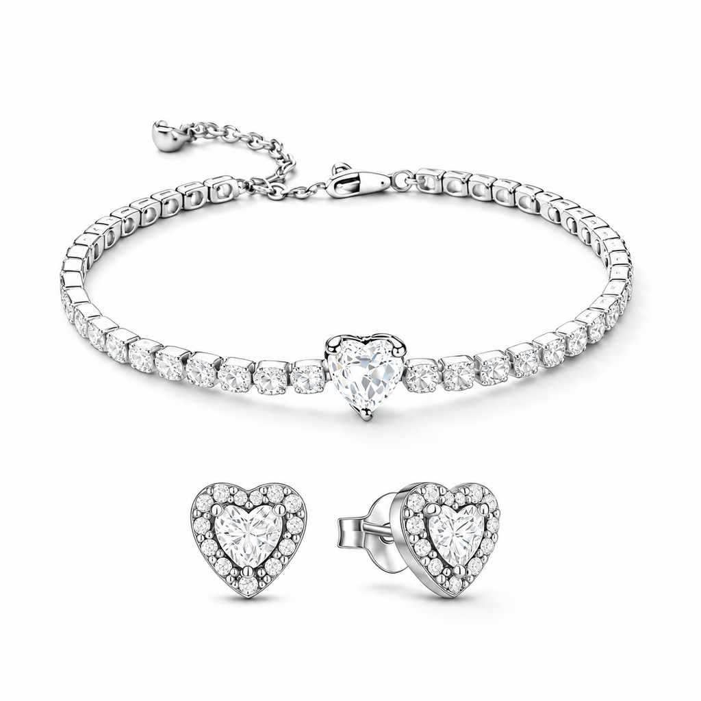 Set bijuterii, Cercei și Brățară, White Crystal Heart