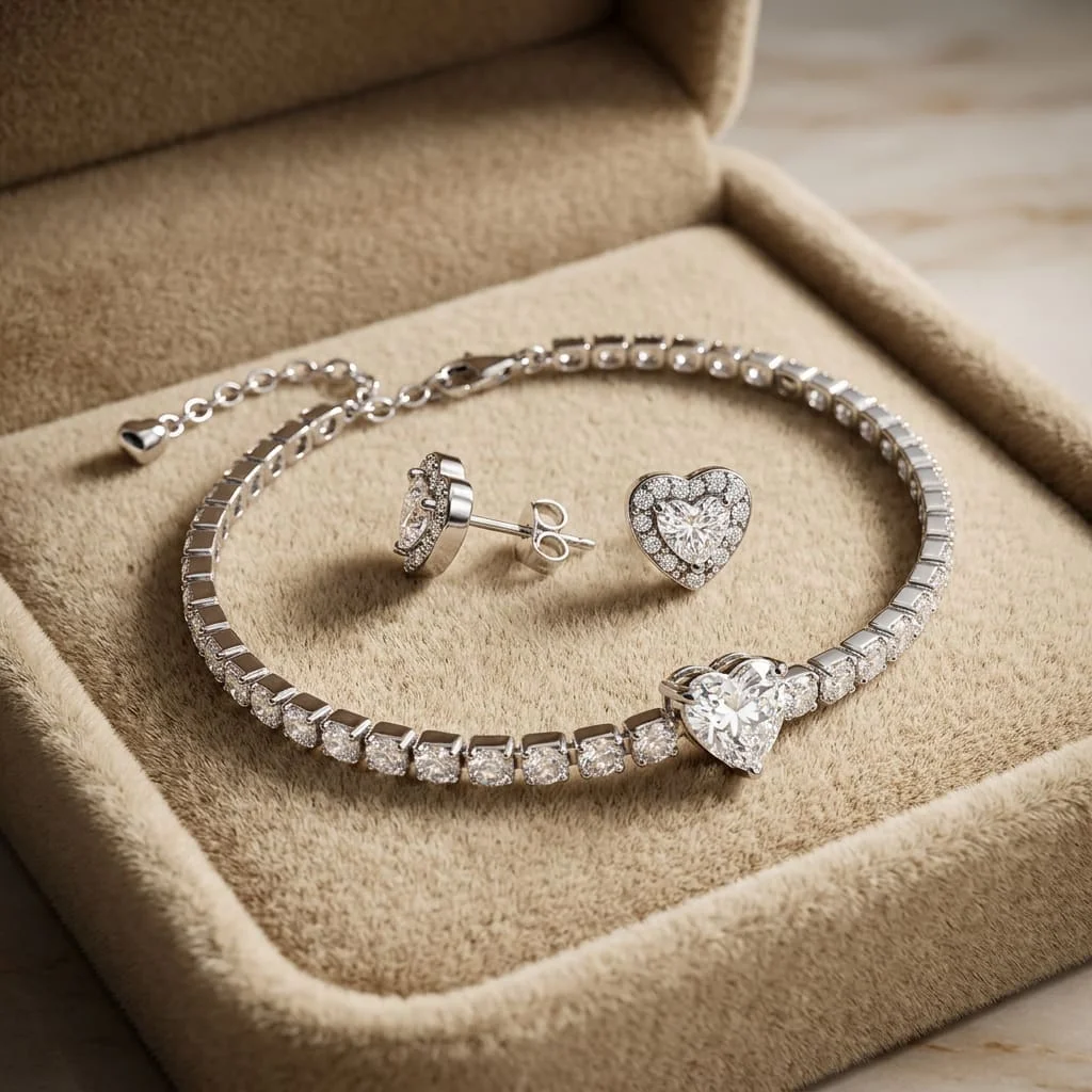 Set bijuterii, Cercei și Brățară, White Crystal Heart - imagine 4