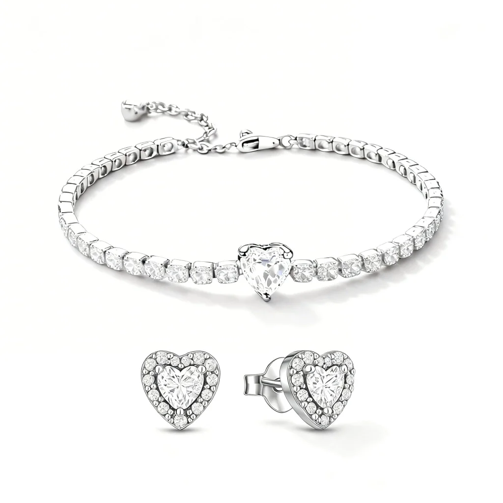 Set bijuterii, Cercei și Brățară, White Crystal Heart - imagine 6