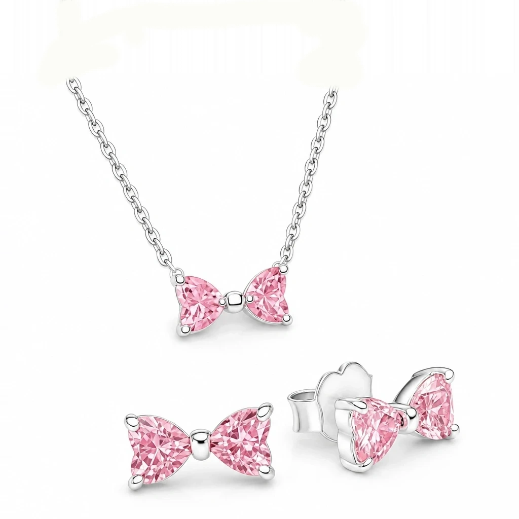 Set bijuterii Cercei și Colier, Pink Bow - imagine 3