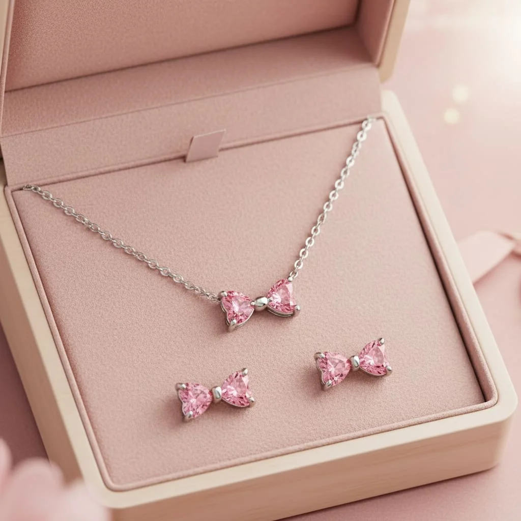 Set bijuterii Cercei și Colier, Pink Bow - imagine 2