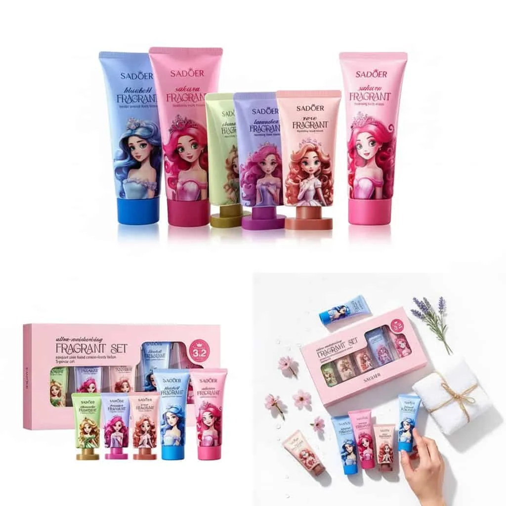 Set cadou cu printese pentru fetite, lotiune de corp si creme de maini, 5 piese - imagine 2
