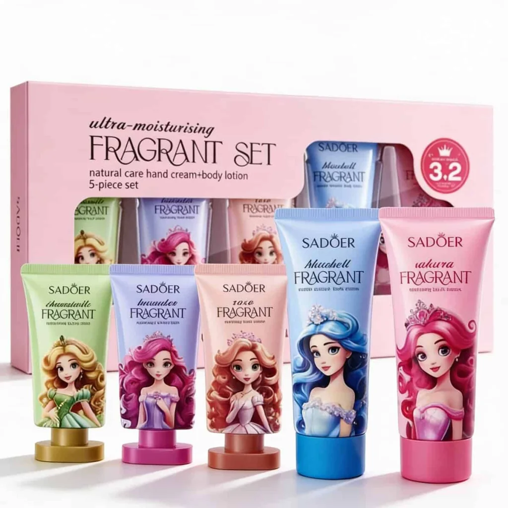 Set cadou cu printese pentru fetite, lotiune de corp si creme de maini, 5 piese