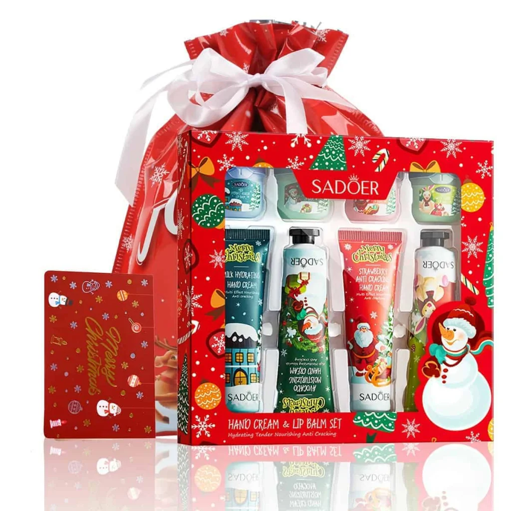 Set cadou de Crăciun cu cremă de mâini și balsam de buze, Sadoer, 8 piese - imagine 2