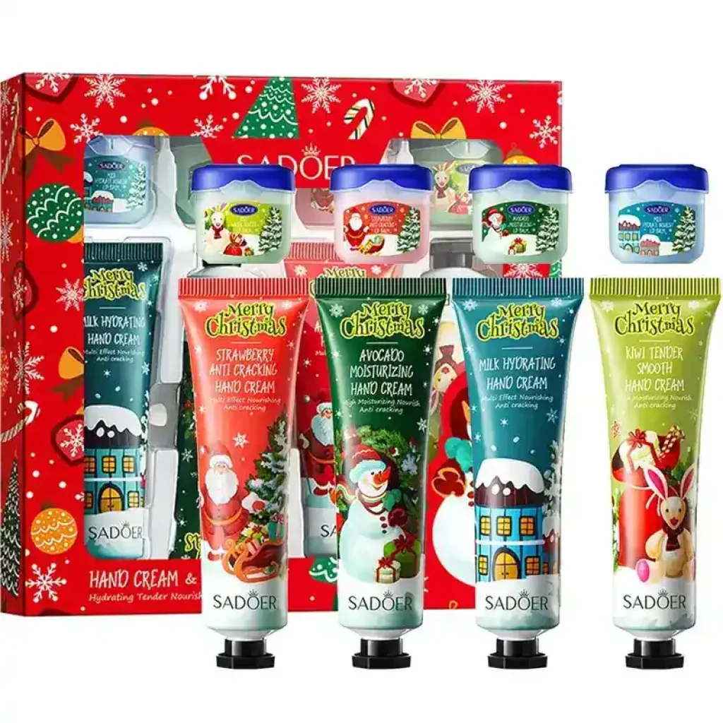 Set cadou de Crăciun cu cremă de mâini și balsam de buze, Sadoer, 8 piese - imagine 3