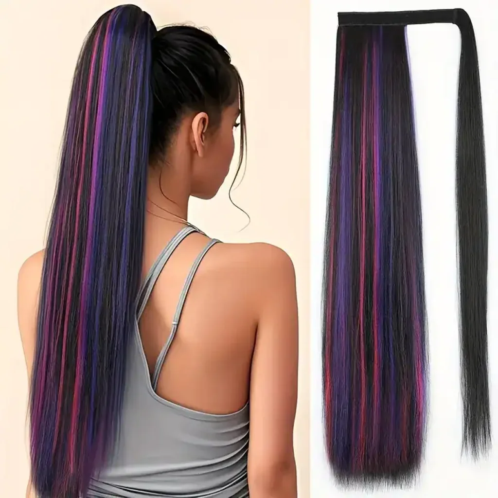 Extensie coada de cal, neagra cu suvite violet si roz, 55 cm