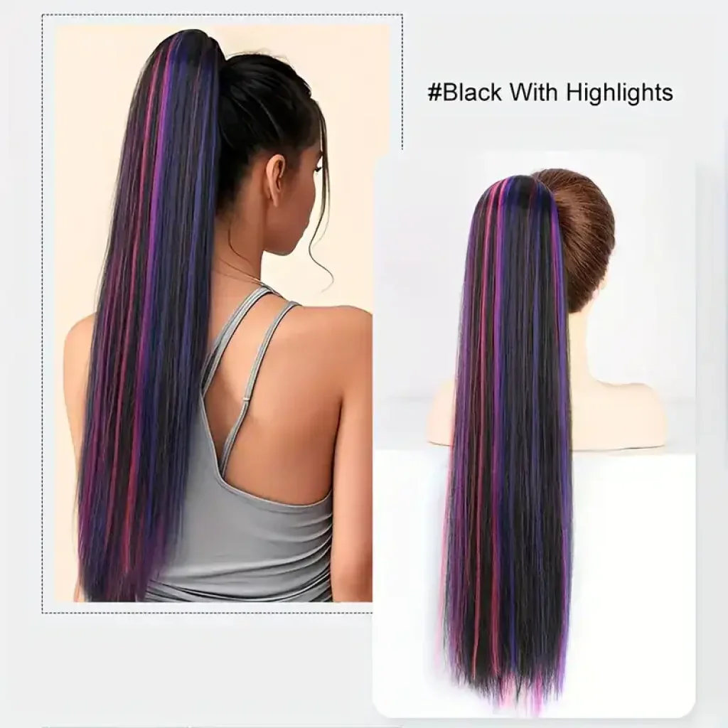 Extensie coada de cal, neagra cu suvite violet si roz, 55 cm