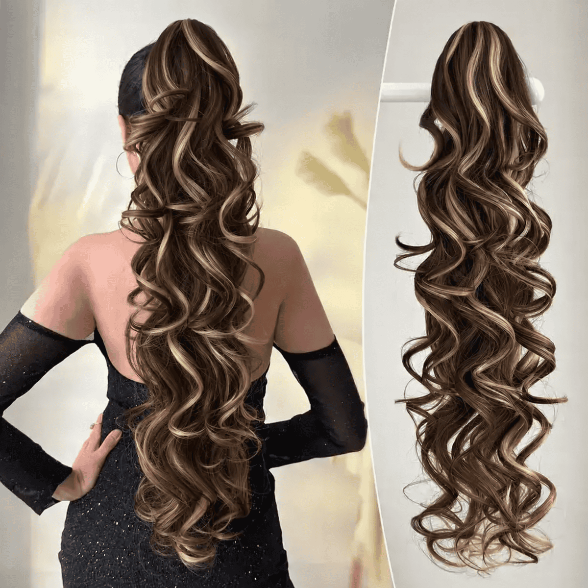 Extensie Coadă de Cal cu clamă, ondulată, 60 cm , maro închis cu șuvițe blonde
