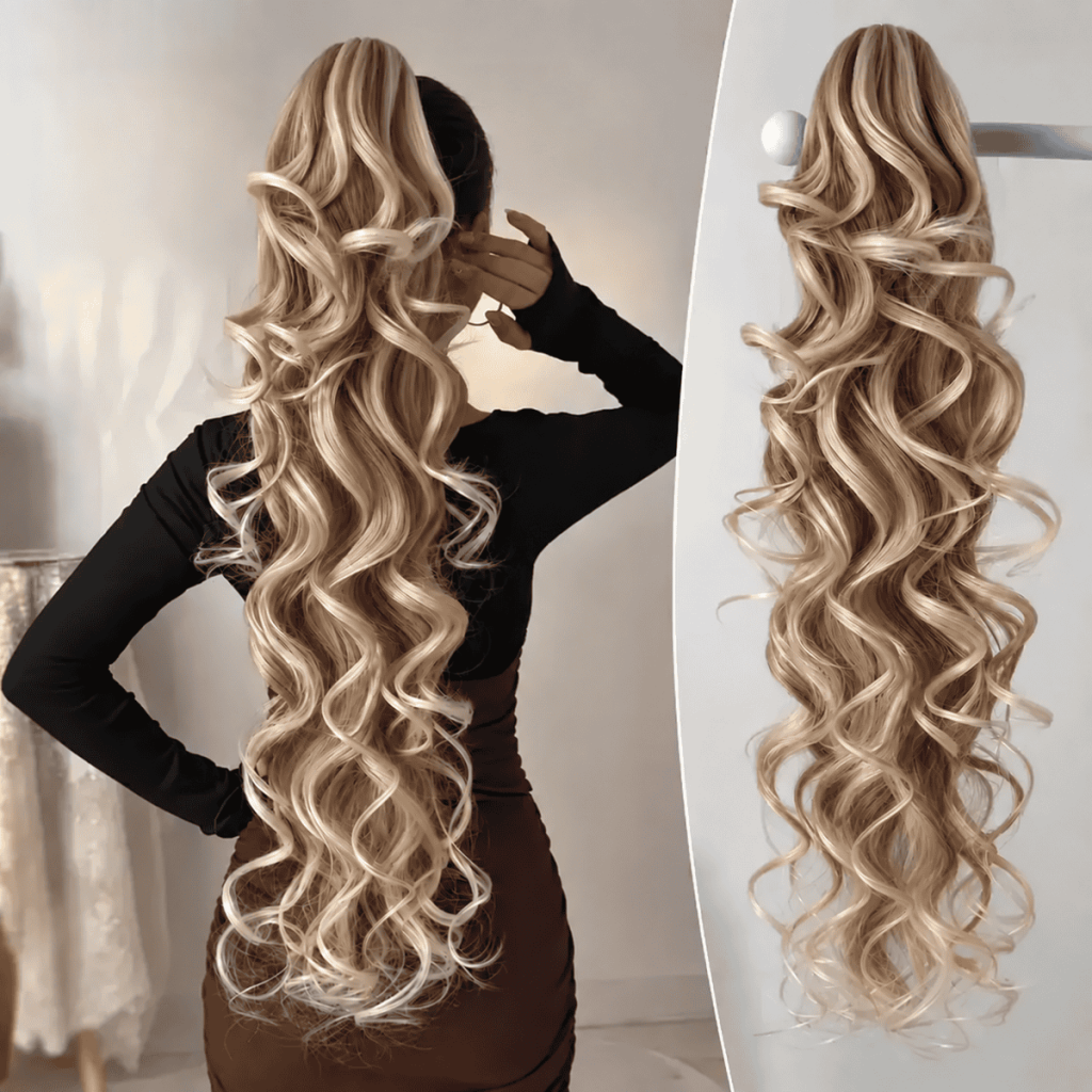 Extensie păr ondulat blond cu șuvițe, 60 cm