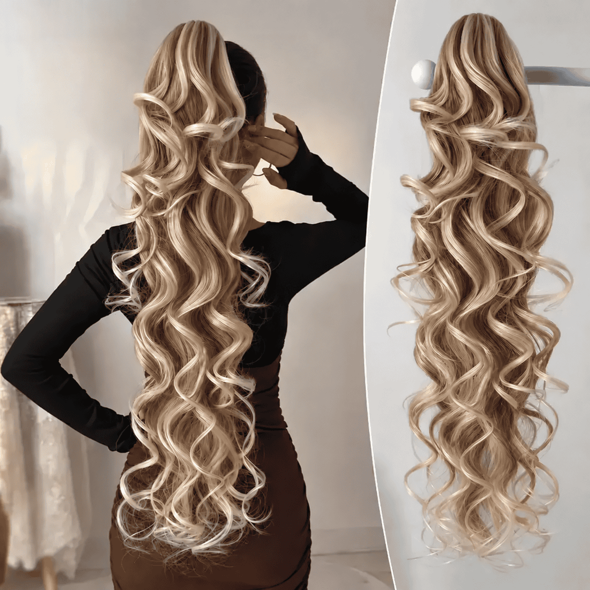 Extensie păr ondulat blond cu șuvițe, 60 cm