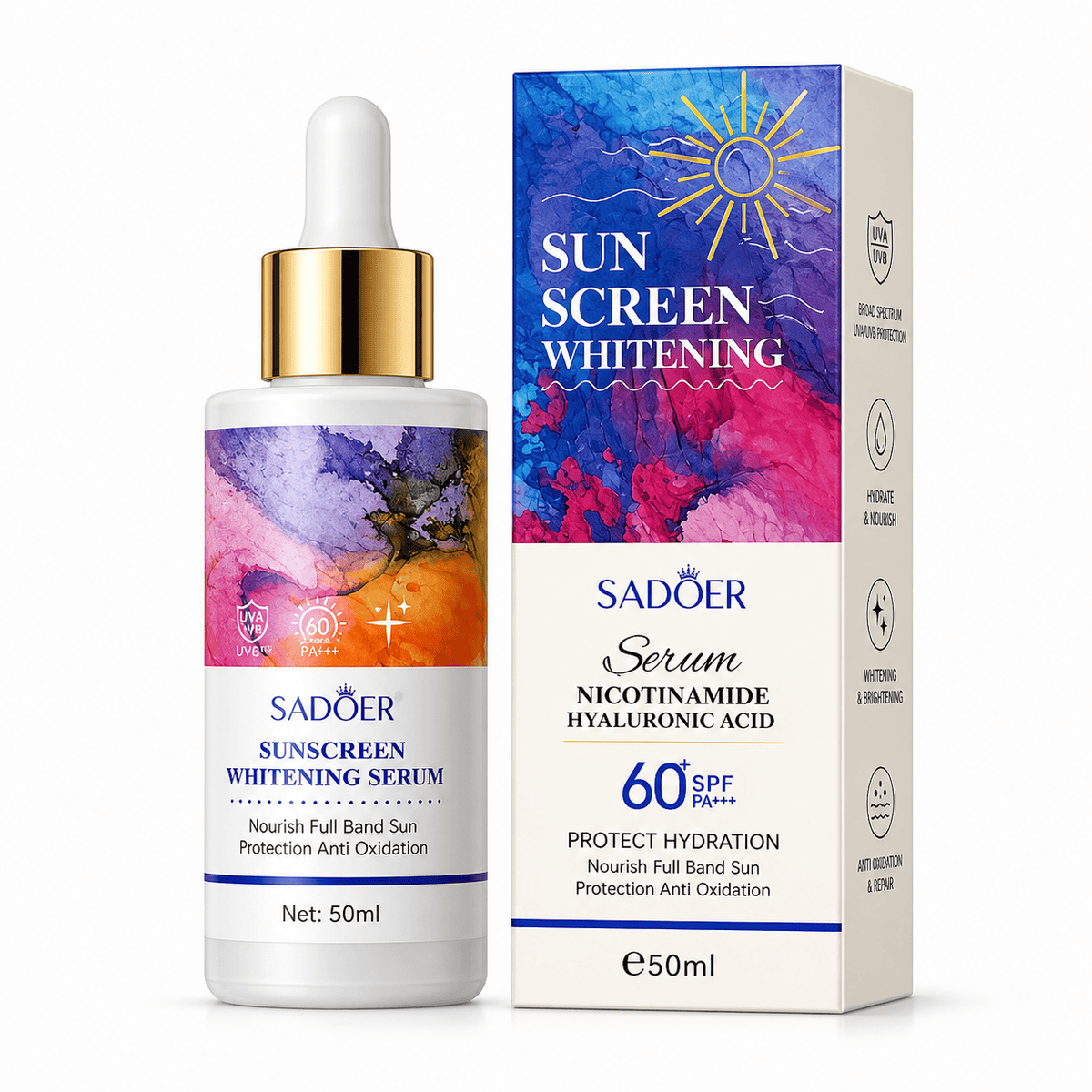 SADOER Sunscreen Whitening Serum Nicotinamide Hyaluronic Acid SPF 60+ PA+++ 50ml